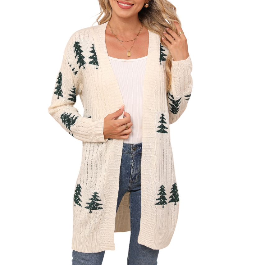Womens Christmas Tree Pattern Long Cardigan Winter Open Front Knit Sweater